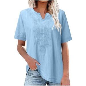 Linen Shirt Short Sleeve Embroidered Gauzy Shirts V Neck Boho Tunic-NEW-M